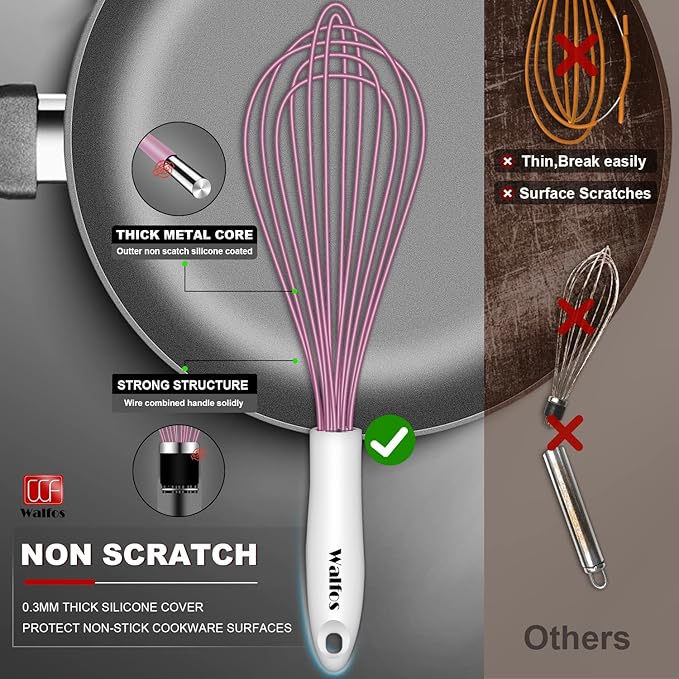 Walfos Whisk, Silicone Whisks for Cooking & Baking Non Scratch Rubber Coated Pink Whisk for Non-stick Wisk, Perfect for Frothing, Blending, Beating and Whisking (3pack Pink)