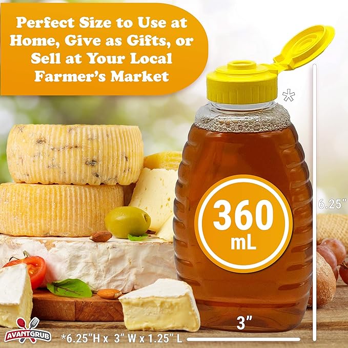 Easy Squeeze 12 Pk 12 Oz Empty Honey Bottles. BPA-Free Food-Safe PET Plastic Honey Dispenser. Flip-Top Refillable Syrup Container. Great for Storing and Serving BBQ Pasta Sauces or Salad Dressings.