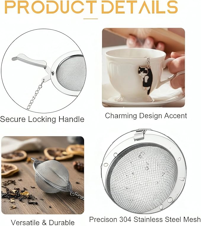 Cat Tea Infuser, 2 Pcs Cute Tea Diffuser Stainless Steel Mesh Loose Leaf Tea Infusers Tea Ball Strainers with Cat Pendants (Black&Orange Cats)