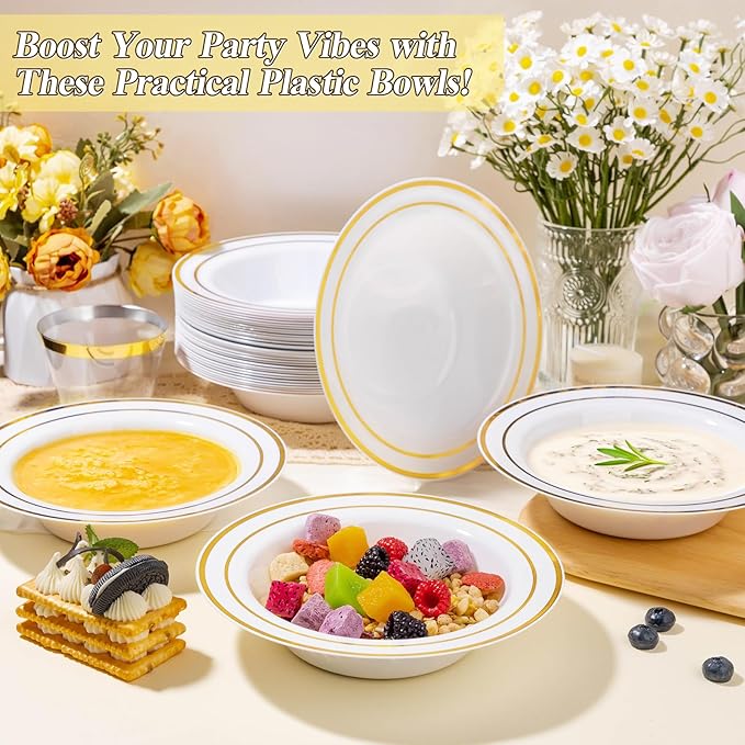 50 Pack Disposable Soup Bowls with Gold Rim, 12oz Premium Heavy Duty Plastic Dinner Bowls for Party, Wedding and Holiday