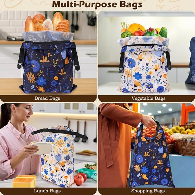 2 Pack Reusable Bread Bags for Homemade Bread, 17"×13" Sourdough Bread Storage Bags with Bowl Cover - Keep Loaf Fresh and Easy to Wash(Blue-Yellow Floral)