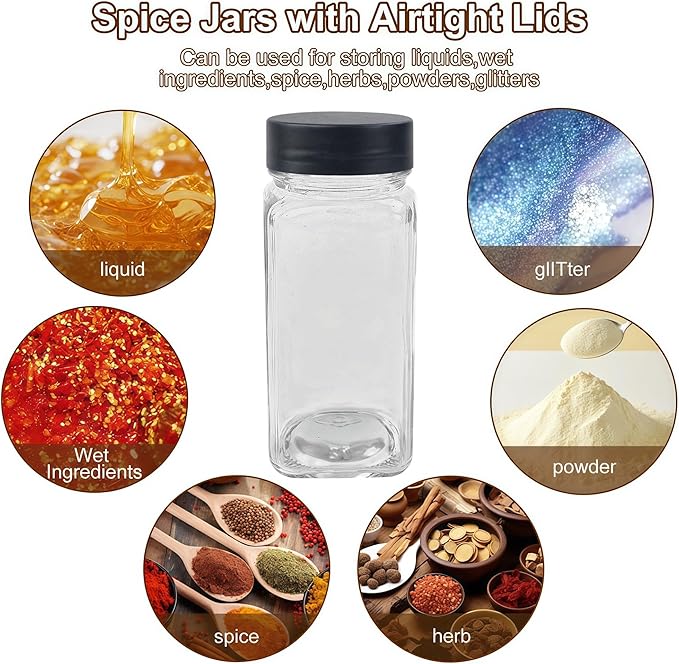 24Pcs Spice Jars Containers with Labels，4oz Black Seasoning Bottles with Shaker Lids for Rack, Cabinet, Drawer,Empty Square Condiment Pots (24, Black)