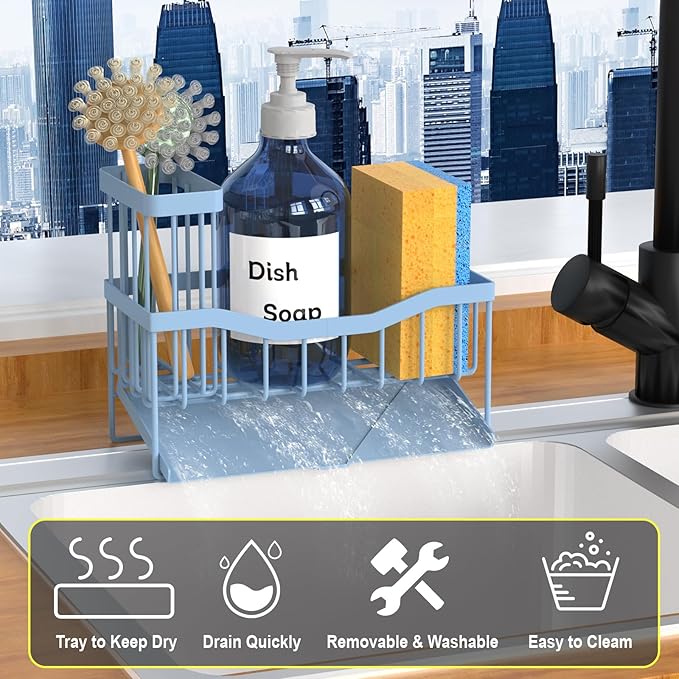 Maifan Sink Caddy Sponge Holder for Kitchen with Brush Holder and Stainless Steel Self Drain Tray, Rustproof Kitchen Sink Organizer for Sponge, Soap Dispenser Storage Accessories