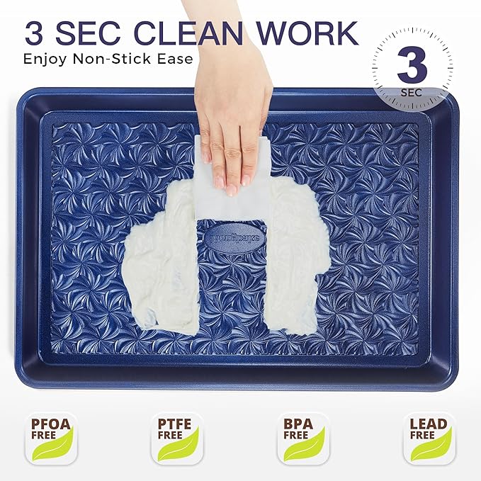 HONGBAKE Nonstick Baking Sheet Pan Set of 3, Cookie Sheets for Oven, Non-Toxic Half/Quarter/Jelly Roll Pans with Floral Swirl Texture, Heavy Duty 0.8mm Thick Oven Trays for Cooking, Blue