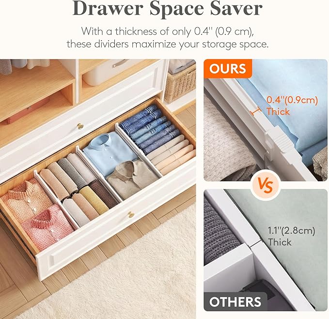 Lifewit 6" Tall 12 Pack Drawer Dividers, 30-47cm/11.5-18.5" Expandable Drawer Divider for Clothes, Adjustable Dresser Drawer Organizers, Drawers Separators for Dresser/Bathroom/Closet/Kitchen White