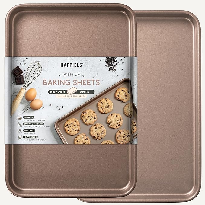 HAPPIELS Nonstick Baking Sheet Set of 2 – 10 x 15 Inch Non-Toxic Cookie Sheets | Premium Nonstick Jelly Roll Pans for Baking & Roasting | PFOA-Free, Durable Bakeware 15x10 in