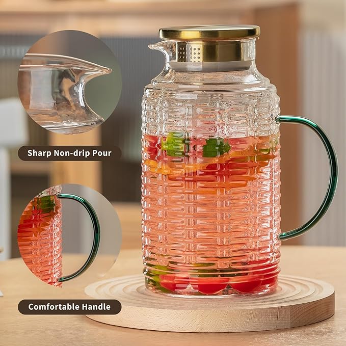 Buaic Glass Pitcher with Lid,84 oz/2.5 Liter Vintage Water Pitcher, Clear Borosilicate Glass Water Carafe for Cold Brew, Coffee, Lemonade, Iced Sun Tea, Juice, Beverage, Milk, Heat Resistant