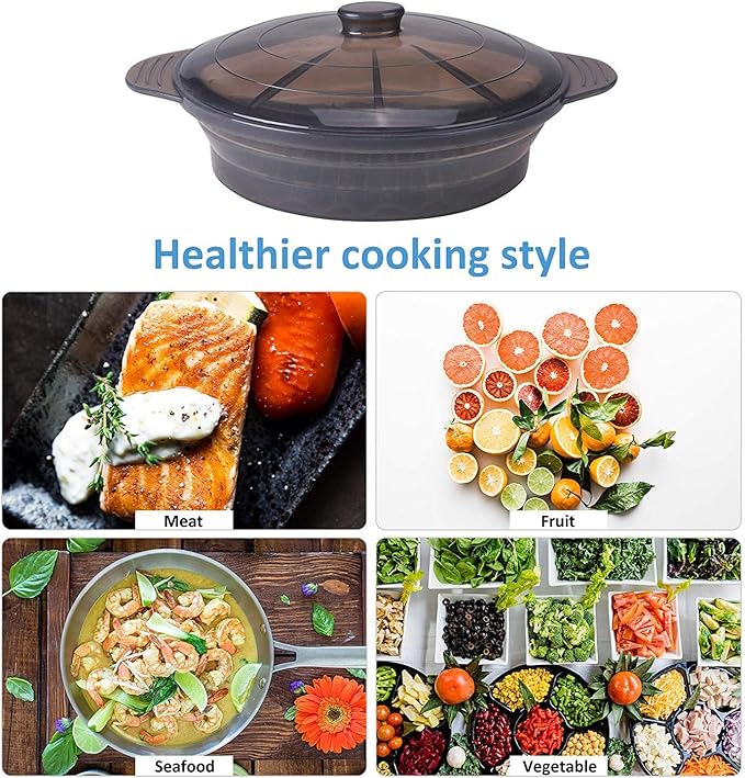 Microwave Steamer Cooker Collapsible Bowl-Silicone Steamer Cookware with Handle Lid for Vegetables Fish Prep Meal Food with Removable Rack BPA Free, Easy to Store, Freezer & Dishwasher Safe, Large