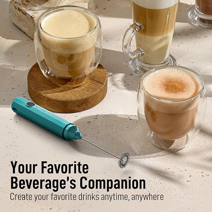 Zulay Froth N Go Milk Frother – Rechargeable 3-in-1 Handheld Frother Wand with Travel Case & USB-C Charger – Single, Double & Egg Whisk for Latte, Cappuccino, Matcha, Protein Shakes – Aqua