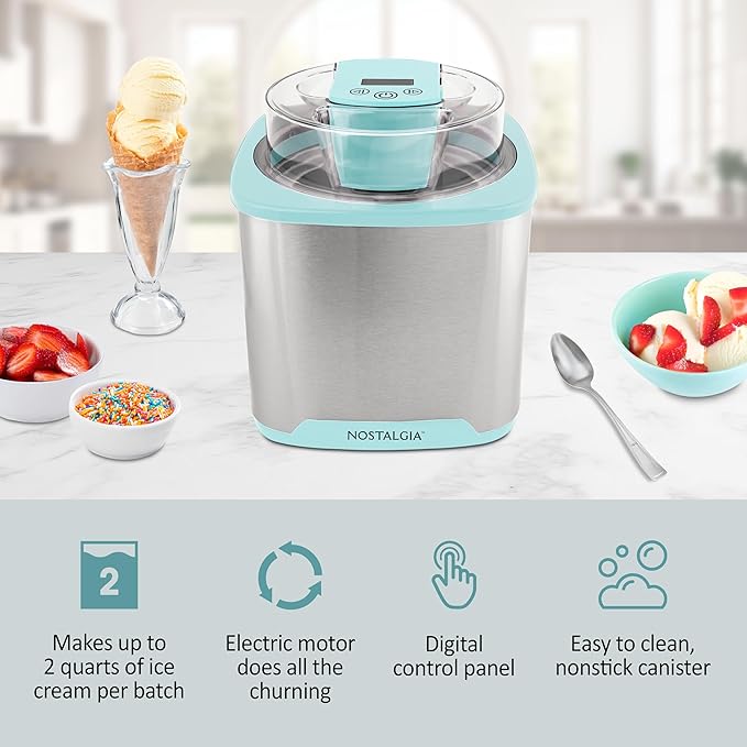 Nostalgia 2-Quart Electric Ice Cream Maker – Make Homemade Ice Cream, Gelato, Sorbet & Frozen Yogurt – No Salt/Ice Needed, Digital Controls, Mix-In Chute & Freezing Gel Canister – Stainless & Aqua