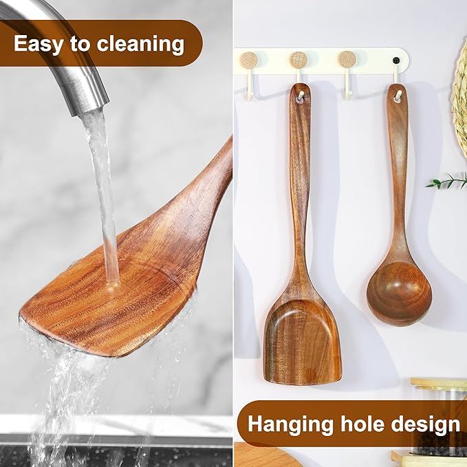 FJNATINH 6 PCS Teak Wooden Cooking Kitchen Utensils Set, Large Wooden Spoons for Cooking Mixing Baking, Non-stick Kitchen Utensils Set Gifts for Women Housewarming Gifts