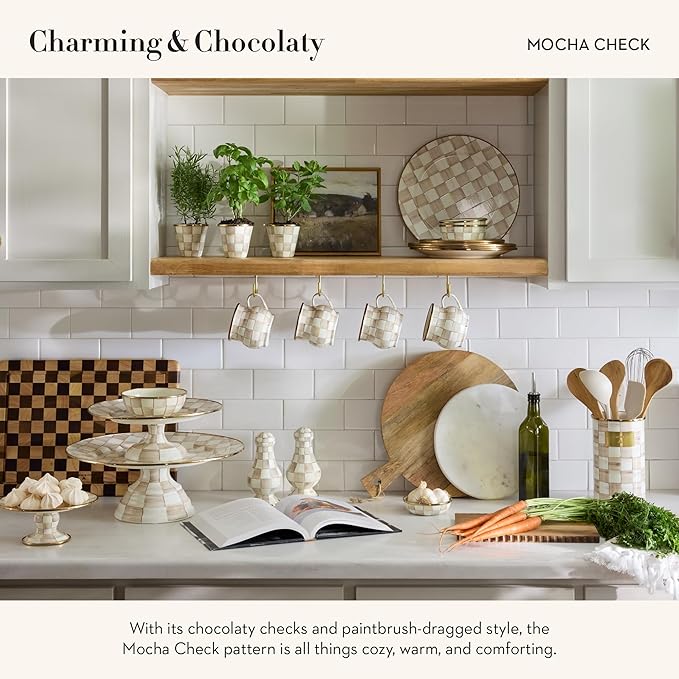 MACKENZIE-CHILDS Enamel Pedestal Platter, Round Cake Stand, Large, Brown-and-White Mocha Check