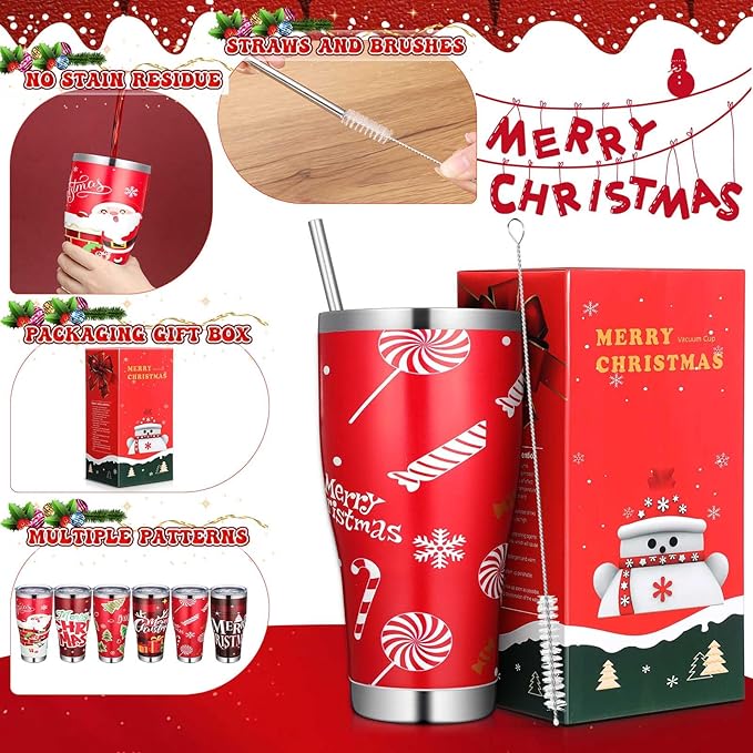 Mifoci 6 Pcs Christmas Tumblers 30oz Stainless Steel Christmas Travel Coffee Cup Double Insulated Vacuum Tumbler with Lid Straw Santa Claus Holiday Mug Gifts for Coworker Team Teacher(Novelty)