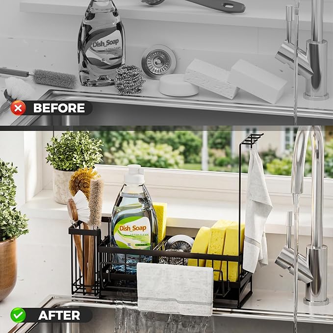 Sponge Holder for Kitchen Sink – Rustproof Stainless Steel with Detachable Drainboard, Brush Rack & Towel Bar | Compact, Non-Slip Design for Countertop Bathroom