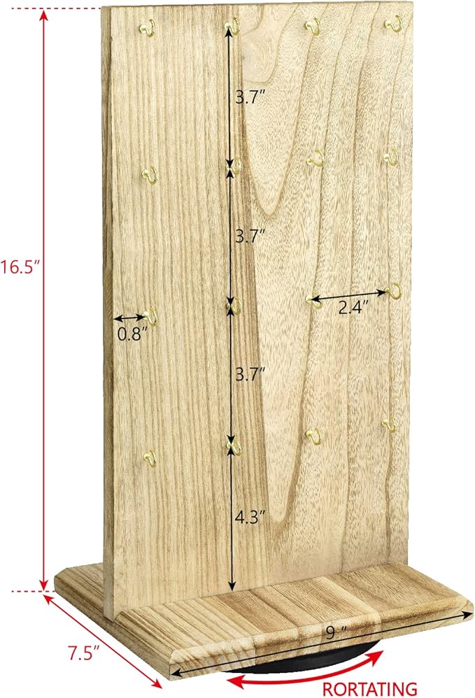 Ikee Design Wooden Rotating Two-Sided Jewelry Display Stand, Rotating Organizer with 32 Hooks for Store, Earring Keychain Display with Hooks, Oak color, 9 W x 7.5 D x 16.5 H in