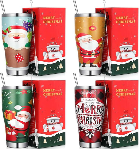 Mifoci 4 Pcs 30 oz Christmas Tumbler with Lid and Straw Stainless Steel Christmas Mug Double Insulated Cup Insulated Coffee Tumbler with Straw Brush for Holiday Coworkers Women Gifts(Style 3)