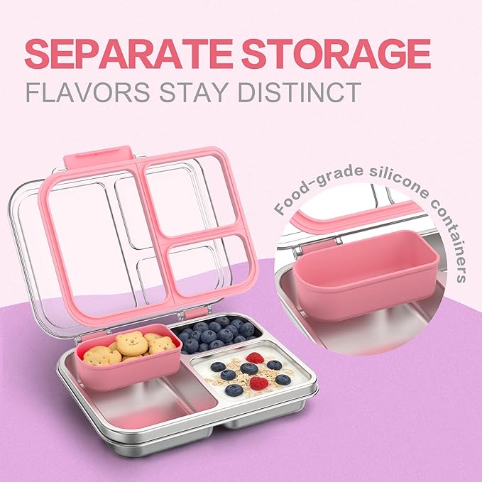 Stainless Steel Bento Box for Kids, 3-Compartment Metal Lunch Box with Clear Lid & Removable Silicone, Lunch Box Kids with Silicone Inner Container for Meal Prep, School, Office (Pink)