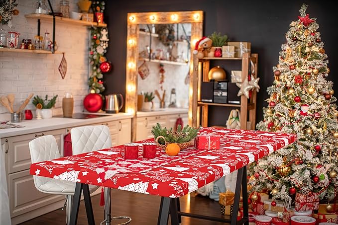 homing Rectangle Table Cloth Cover, Waterproof Polyester Elastic Fitted Tablecloth, Fits for 8 Foot Folding Tables, Washable Table Protector for Christmas, Holiday, Party (Christmas Tree, 30" x 96")