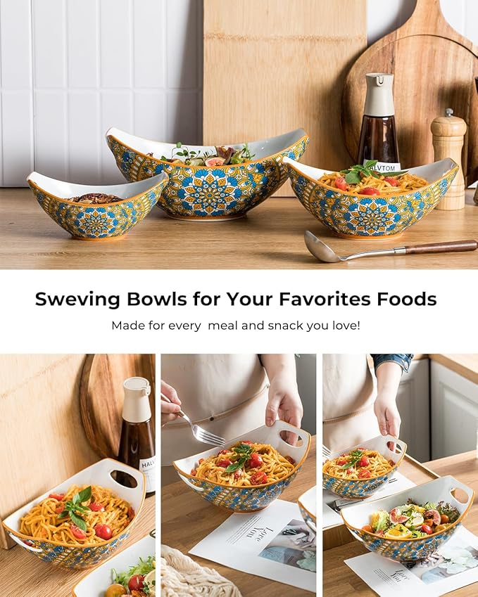 LAUCHUH Serving Dishes for Entertaining, Porcelain Serving Bowls with Handles Bohemian Salad Bowls Set Nesting Bowls for Mother's Day Party, Set of 3, 15/28/49 oz, Blue and Yellow