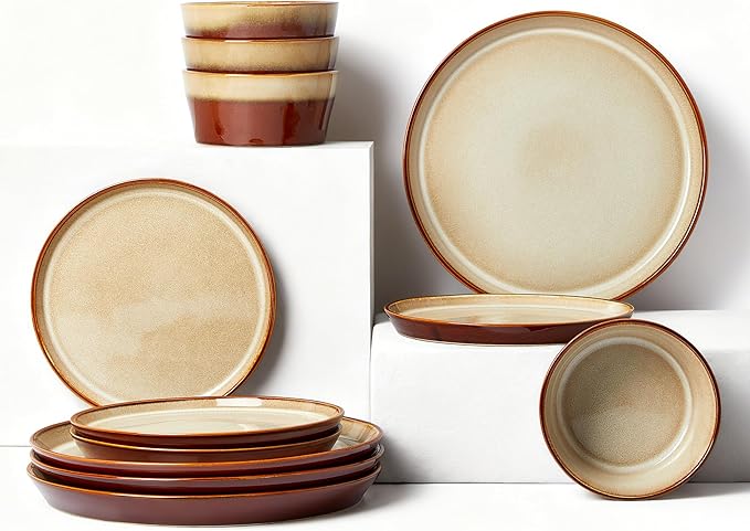Pokini Dinnerware Set for 4, Ceramic Dish Sets, Plate and Bowl Set, Microwave & Dishwasher Safe Dishware Set, Chip & Scratch Resistant Dinner Set, No Two Are Alike, Amber Brown