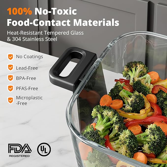 AIRMSEN 6.3 QT Glass Air Fryer Non-Toxic, 4 Presets & Manual Control, 105–400℉ Precise Heat, 95% Less Oil, Auto-Pause & Resume, Microwave & Dishwasher Safe Glass Container for Family Meals