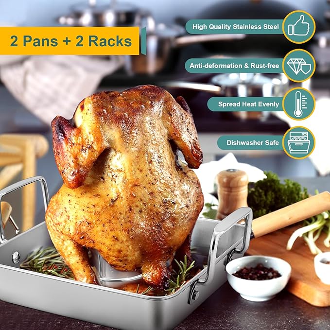 P&P CHEF Beer Can Chicken Holder with Roasting Pan Set, 9-inch Stainless Steel Square Baking Pan and Chicken Rack For Grilling, Heavy Duty & Dishwasher Safe, 4Pcs