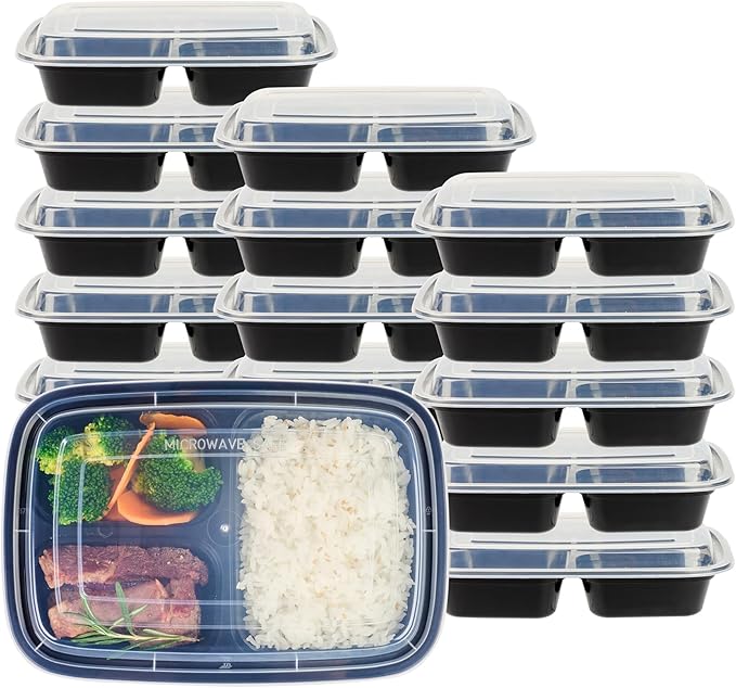 Restaurantware Asporto 26 Ounce Compartment Take Out Boxes 100 Microwavable Meal Prep Containers - 3 Compartments With Clear Plastic Lids Black Plastic Food Containers Do Not Contain BPA
