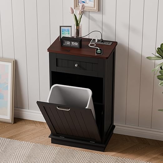 Betterhood Double Tilt Out Trash Cabinet with Power Outlet, 10 Gallon Trash Cabinet with Storage,Pet Proof Trash Can with 2 AC & USB Sockets for Kitchen,Living Room (Black, Single Door)