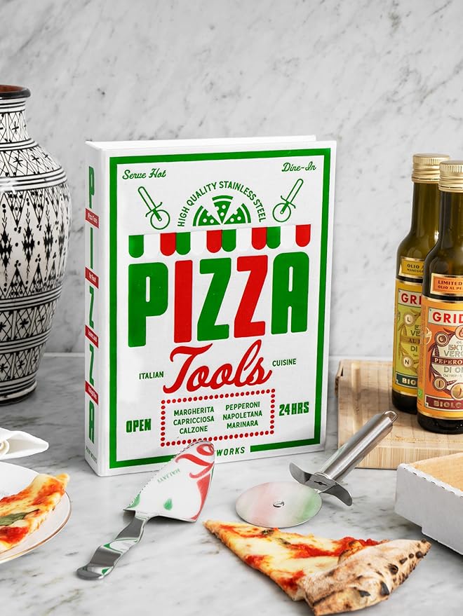 Printworks The Essentials, Pizza Tools – Pizza Cutter & Server Spatula Set with All the Accessories You Need in an Elegant Book-Style Case