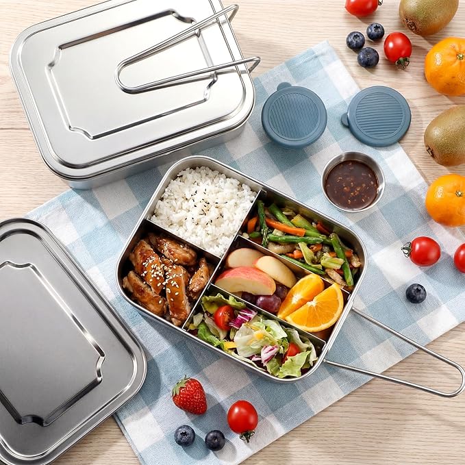 2 Pack Stainless Steel Bento Box 5 Compartment Kit 50oz/1500ml Metal Bento Lunch Box Container with Handle and 2 Pcs 80ml Round Sauce Cups Leak Proof Lockable Clips for Kids or Adults