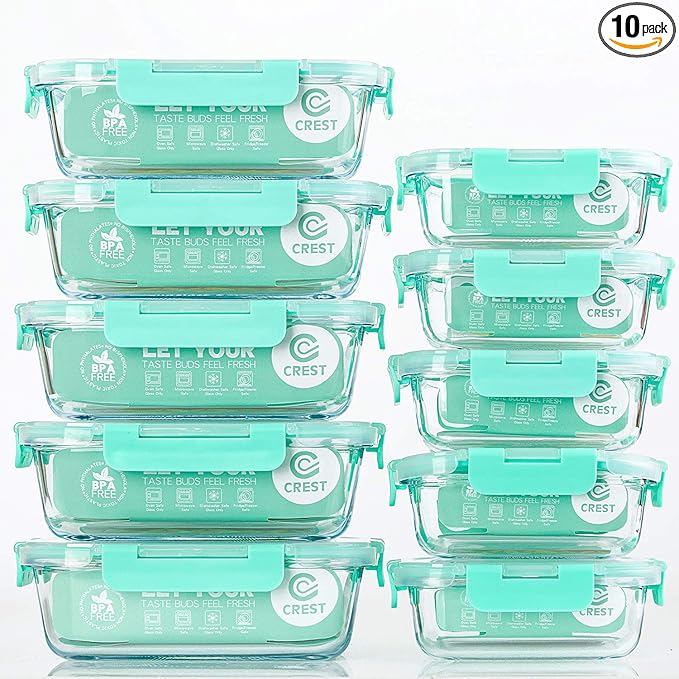 C CREST [10-Pack] Glass Food Storage Containers with Lids, Airtight, BPA Free, Meal Prep Containers for Kitchen, Home Use