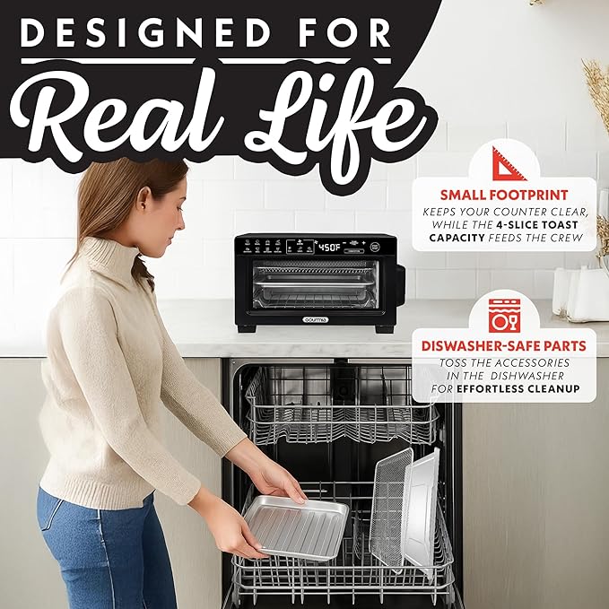 Gourmia Toaster Oven Digital Air Fryer - Convection Mode with 4 Slice Capacity, 3 Rack Positions, 12 Presets, Toast, Bagel, Bake, Roast, Broil, Dehydrate, Popcorn, Fits 9" Pizza, Black