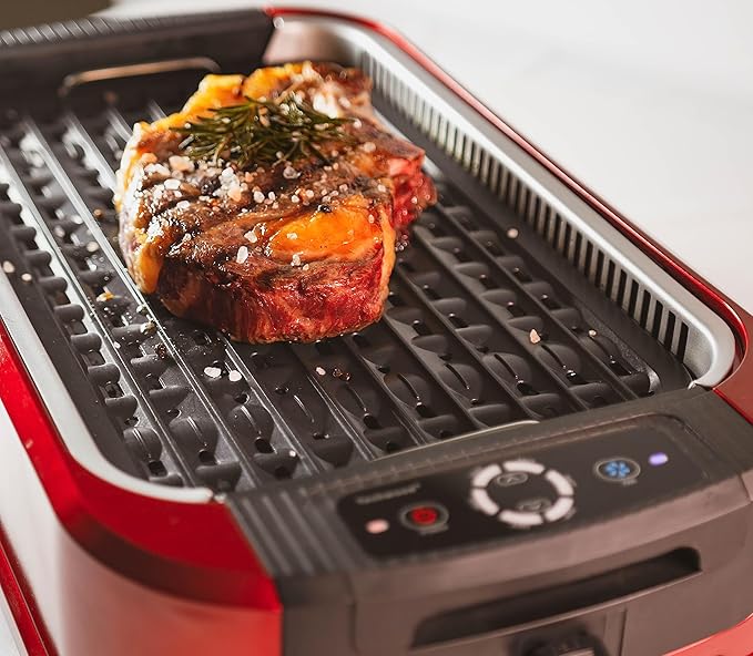 Indoor Smokeless Grill, Techwood 1500W Electric Indoor Grill with Tempered Glass Lid, Portable Non-stick Korean BBQ, Turbo Smoke Extractor Technology, Drip Tray& Double Removable Plate, Red