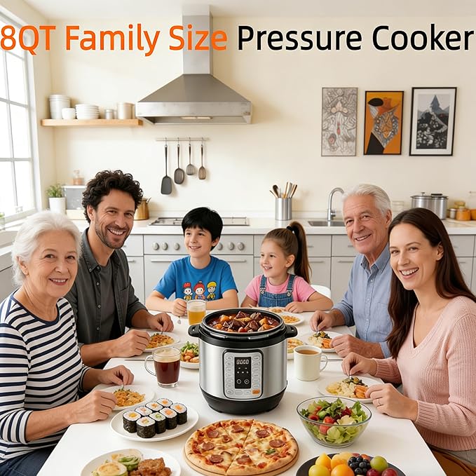 Simple Deluxe 8QT Electric Pressure Cooker, 16-in-1 & Non-Stick Stainless Steel Multi Cooker with 12 Presets for Slow Cook, Meat Stew, Steam, Sauté, Canning, Yogurt Maker, Dishwasher Safe, Silver