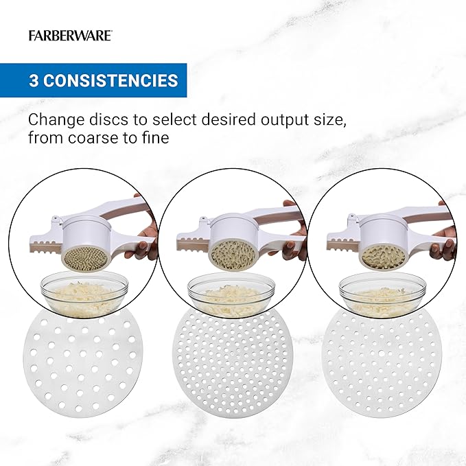 Farberware Professional Potato Ricer, 3 Interchangable Stainless Steel Ricing Disc Sizes, Large Capacity Ricer
