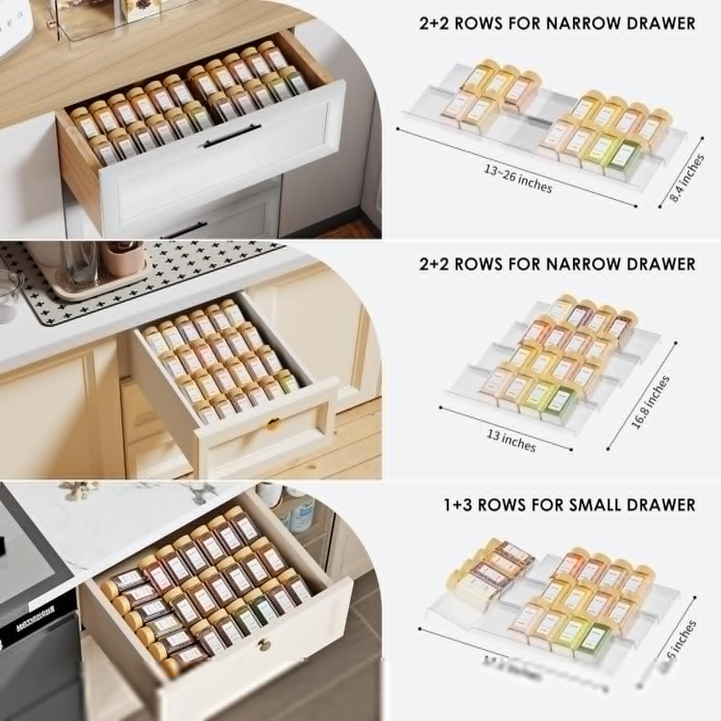 Spice Drawer Organizer, 4 Tier Clear Acrylic Expandable From 13" to 26" Seasoning Jars Drawer Insert, Kitchen Drawer Spice Rack Tray for Cabinet/Countertop