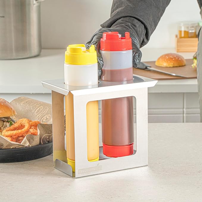 Restaurantware Squeeze Bottle Holder Pack of 1 Stainless Steel 2 Hole Bottle Holder, 2.5" Diameter Fits 1/9 Size Opening, Dishwasher Friendly Integrated Lip Design Holder for Condiment Bottles