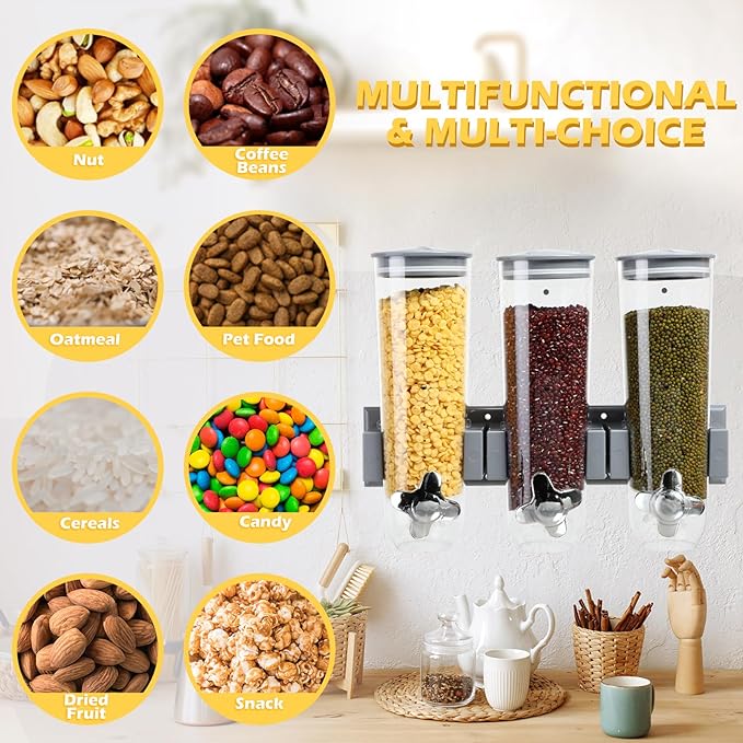 Triple Food Dispenser - 3 Set Easy To Use Dry Food Dispenser for Candy, Nuts, Rice, Granola, Cereal - Dispensing 1 Oz Per Twist And Preserving Freshness For Fun, Easy Serving.5.4 L (Each Set)(Gray)