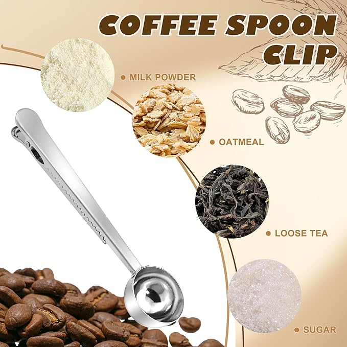 Quacc Stainless Steel Coffee Scoop with Bag Sealing Clip, 2-in-1 Coffee Measuring Scoop for Coffee Beans, Milk Powder, Loose Tea, Spices (Silver)