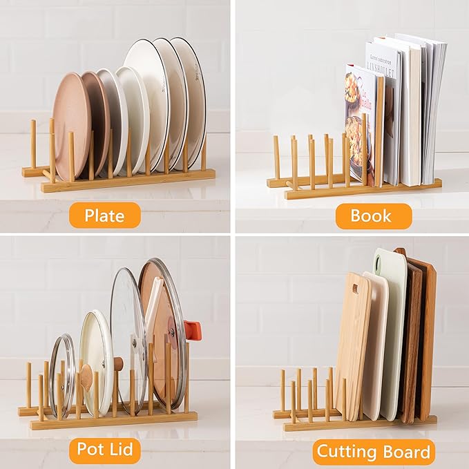 HBlife 4pcs Heighten and Widen Bamboo Dish Drying Rack Plate Bowl Cup Book Pot Lid Cutting Board Stand Drainer Storage Holder Organizer for Kitchen Cabinet