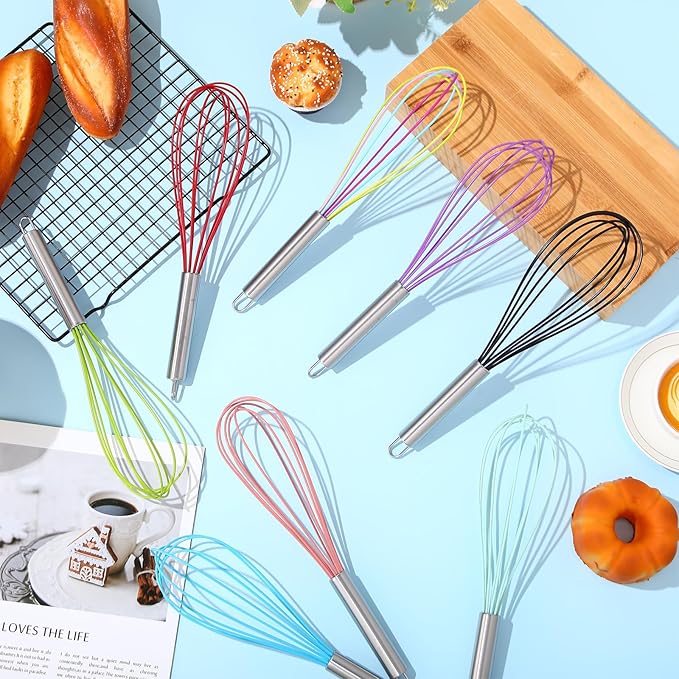 Domensi 8 Pcs 10 Inch Whisks Bulk for Cooking Silicone Whisks Non Scratch Stainless Steel Hand Coated Metal Heat Resistant Egg Beaters for Classroom Cook Party Favor Gift Supplies