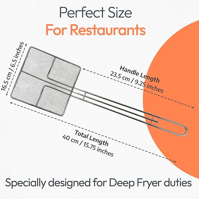 Wire Mesh Strainer with Long Handle | 4-Pack | 6.5" Square Frying Spoon | Cooking Oil Strainer for Deep Fryer & Professional Restaurant Use | Commercial Grease Skimmer