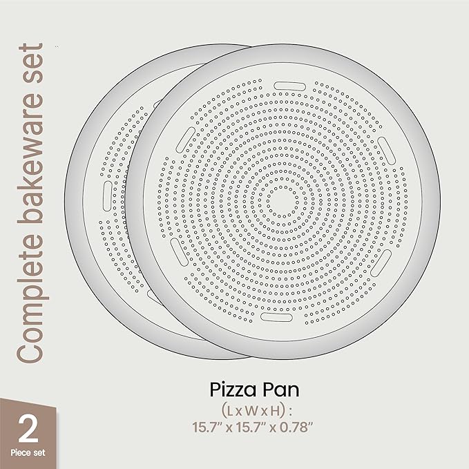 Bakken 16 Inch Non-Stick Pizza Pan 2 Pack, Round Carbon Steel Pizza Tray with Perforated Holes, PFOA, PFOS, & PTFE-Free, Dishwasher & Oven Safe Up To 450°F, Durable Nonstick Coating, Gold