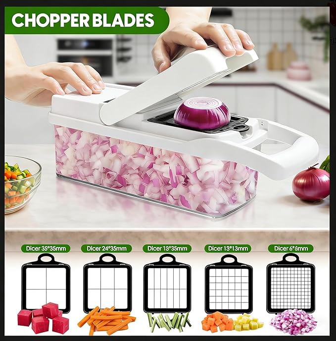 Vegetable Chopper, 10 Blades Slicer Onion Dicer, Multi 23-in-1 Veggie Mandoline Food Cutter for Tomato Fruit, Vegetable cutter with Hand Protector, Egg Separator & Slicer, Container（White）