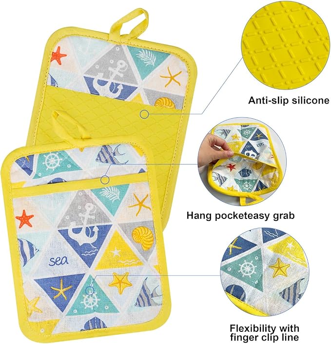 Alselo Oven Mitts and Pot Holders with Chef Apron,Set of 5 Heat Resistant Kitchen Gloves and Silicone Non-Slip Potholders Adjustable Neck Buckle Apron, Cotton Nice Design for Cooking (Sea Fish)