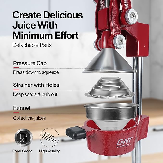 18 Inch Height Commercial Heavy Duty Cast Iron Hand Press Manual Orange Citrus Lemon Lime Grapefruit Pomegranate Fruit Juice Squeezer Machine with Stainless Steel Cup and Durable Base Red
