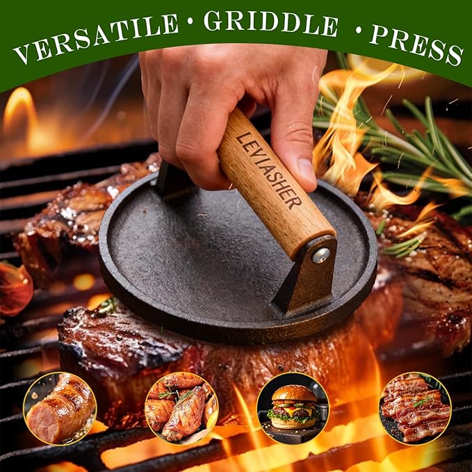 Heavy Duty Cast Iron Griddle Press, 2.2lb 6.7” Round Steak Weight Professional Cooking Press with Wood Handle for Smash Burgers, Sandwich, Bacon, Panini, Vegetables on BBQ, Grid-Patterned