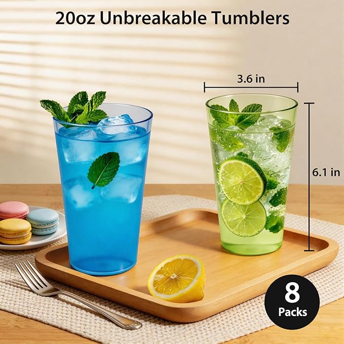 Freshmage 8 Pack Plastic Reusable Drinking Glasses, 20oz Colorful Drinking Cups, BPA-Free, Shatter-Proof, Microwave Safe, Stackable Tumblers for Home, Outdoor, Party, Picnic, Pool