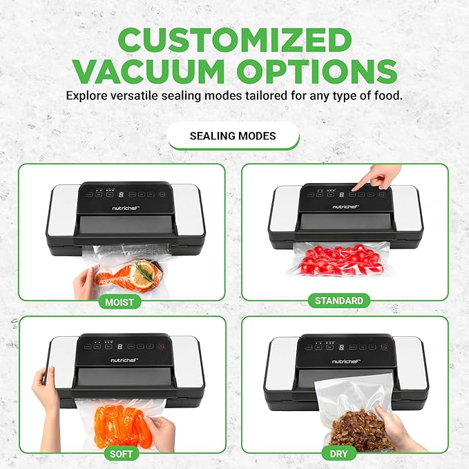 NutriChef Premium Vacuum Sealer Machine Automatic, Powerful Food Vacuum Sealer Machine with Bags, Touchscreen, Cutter & Multi-Modes for Dry, Moist & Soft Food Storage, Prep, and Sous Vide Cooking