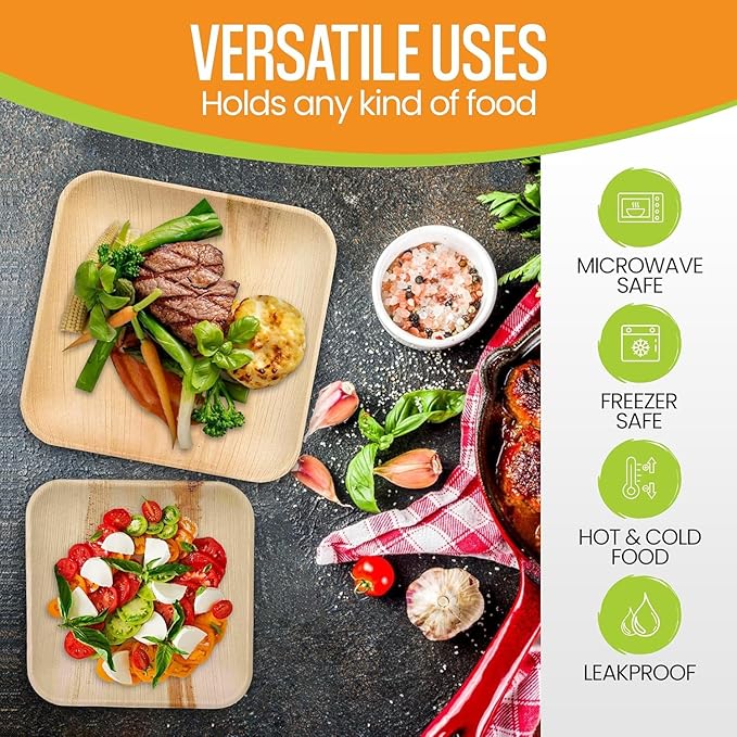 Raj Palm Leaf Plates Bulk [50-Pack] 10" & 7" Square Plates (2 CASES - 100 PACK) like Bamboo plates Disposable, Strong, Decorative Compostable Tableware for weddings, Lunch, Dinner